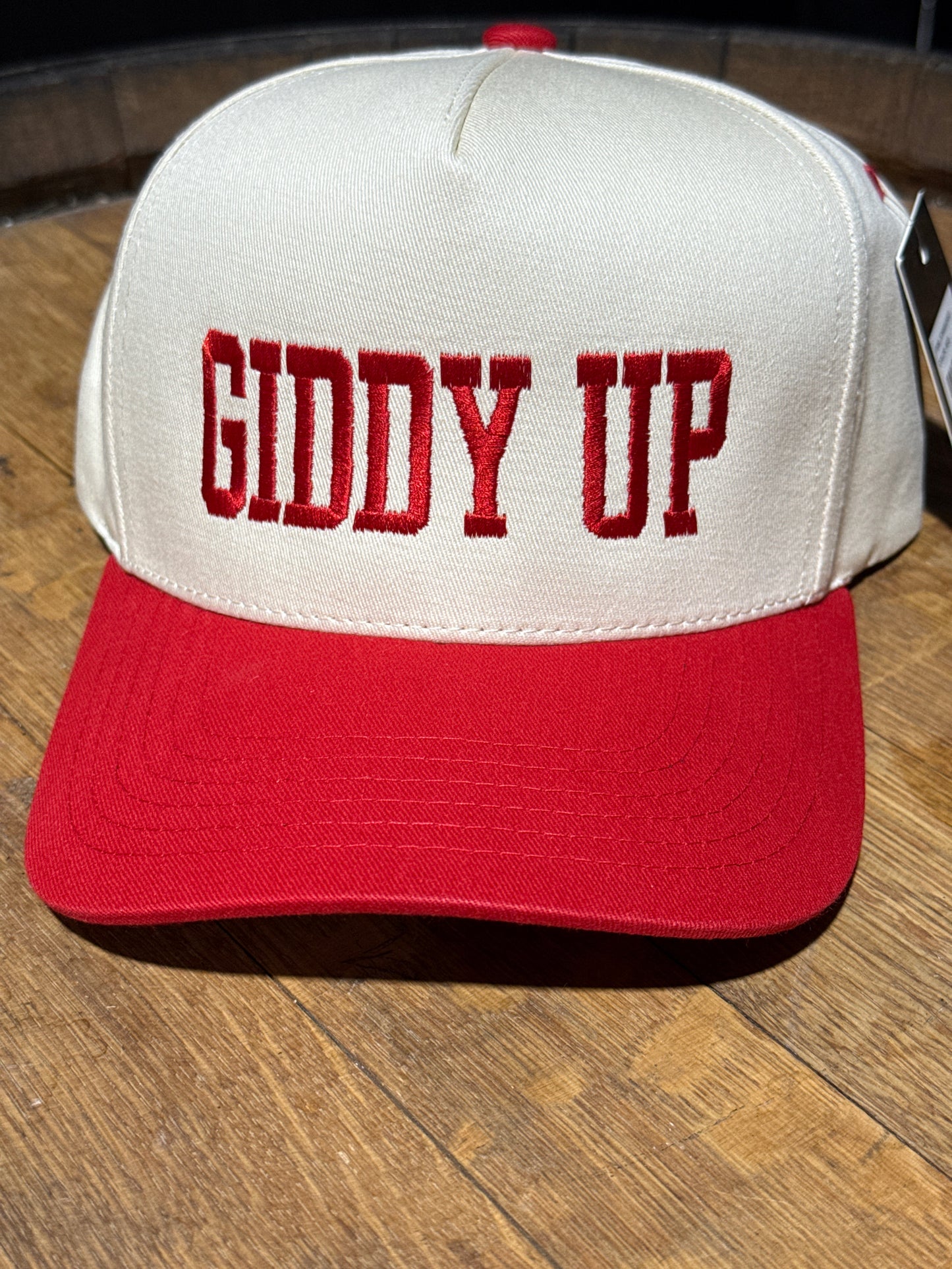 Giddy Up, red and cream hat